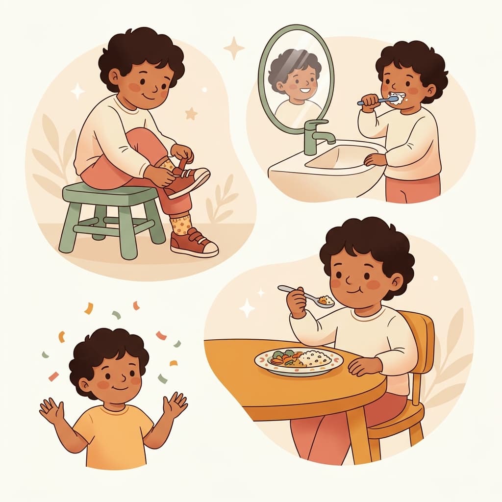 Child doing daily activities independently