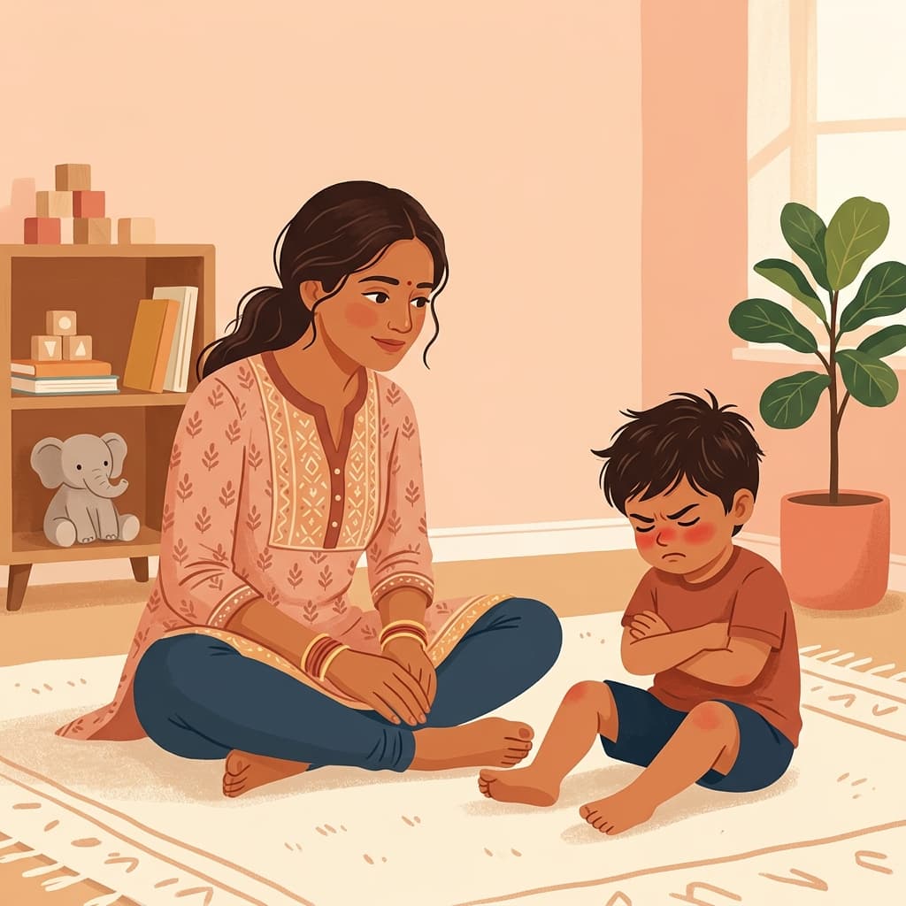 Parent calmly supporting child through emotions