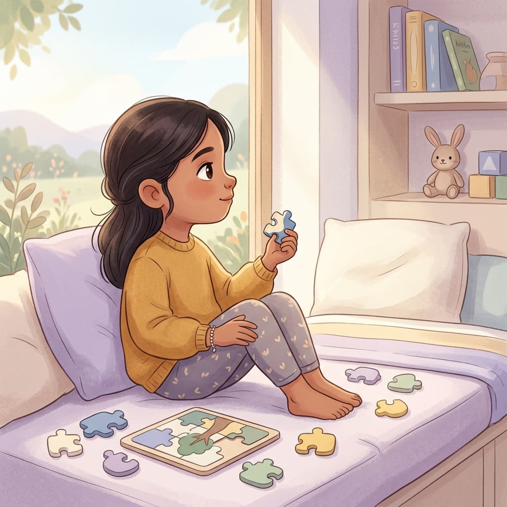 Child looking thoughtfully out a window