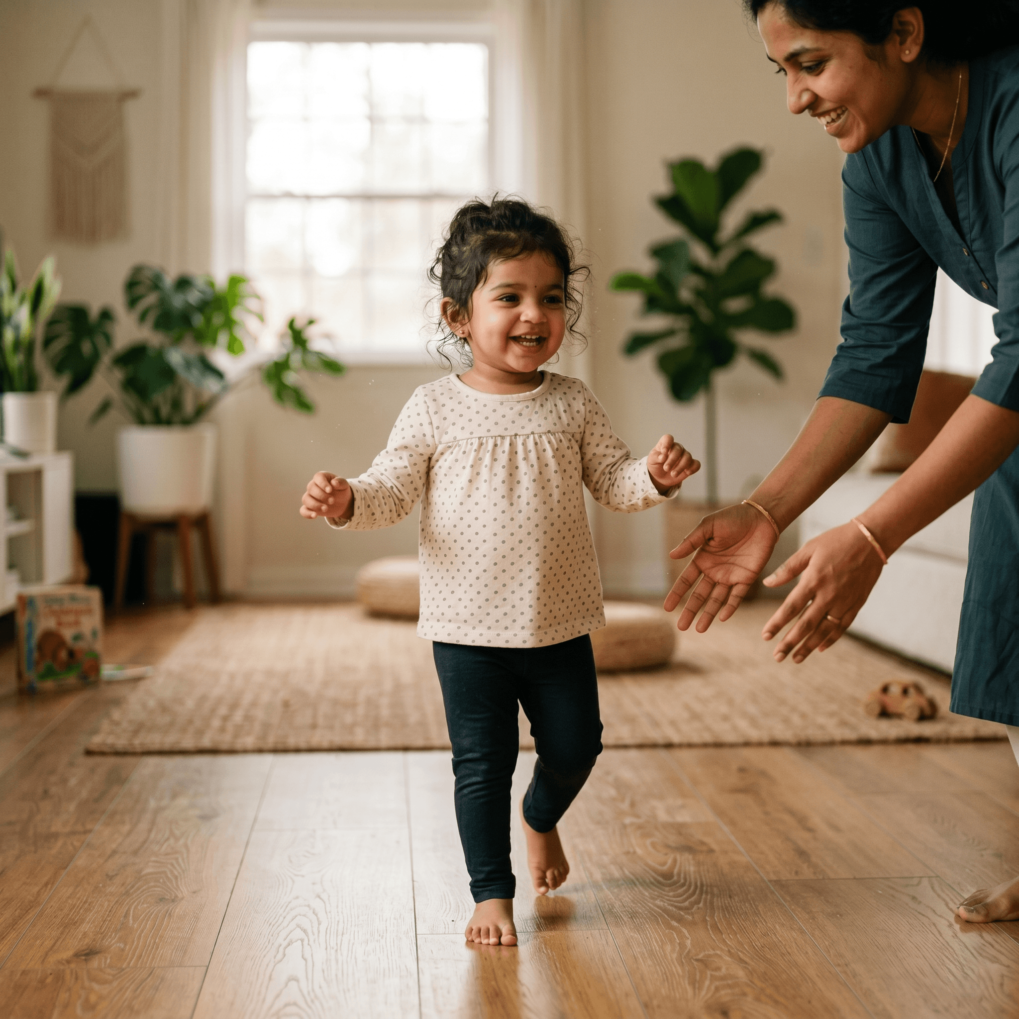 Happy toddler taking first steps